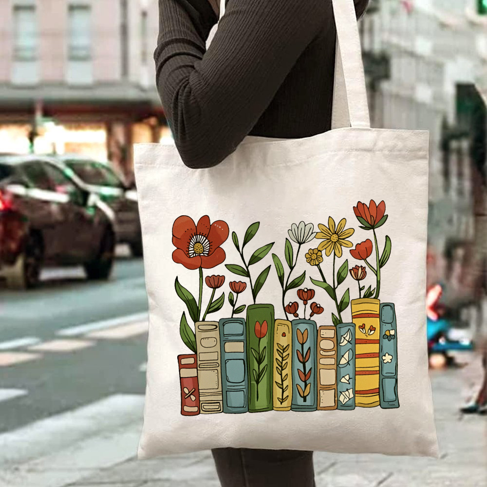 Women Hand Bags For Office - Kitaplık Baskılı Tote Çanta, Geniş Hacimli,